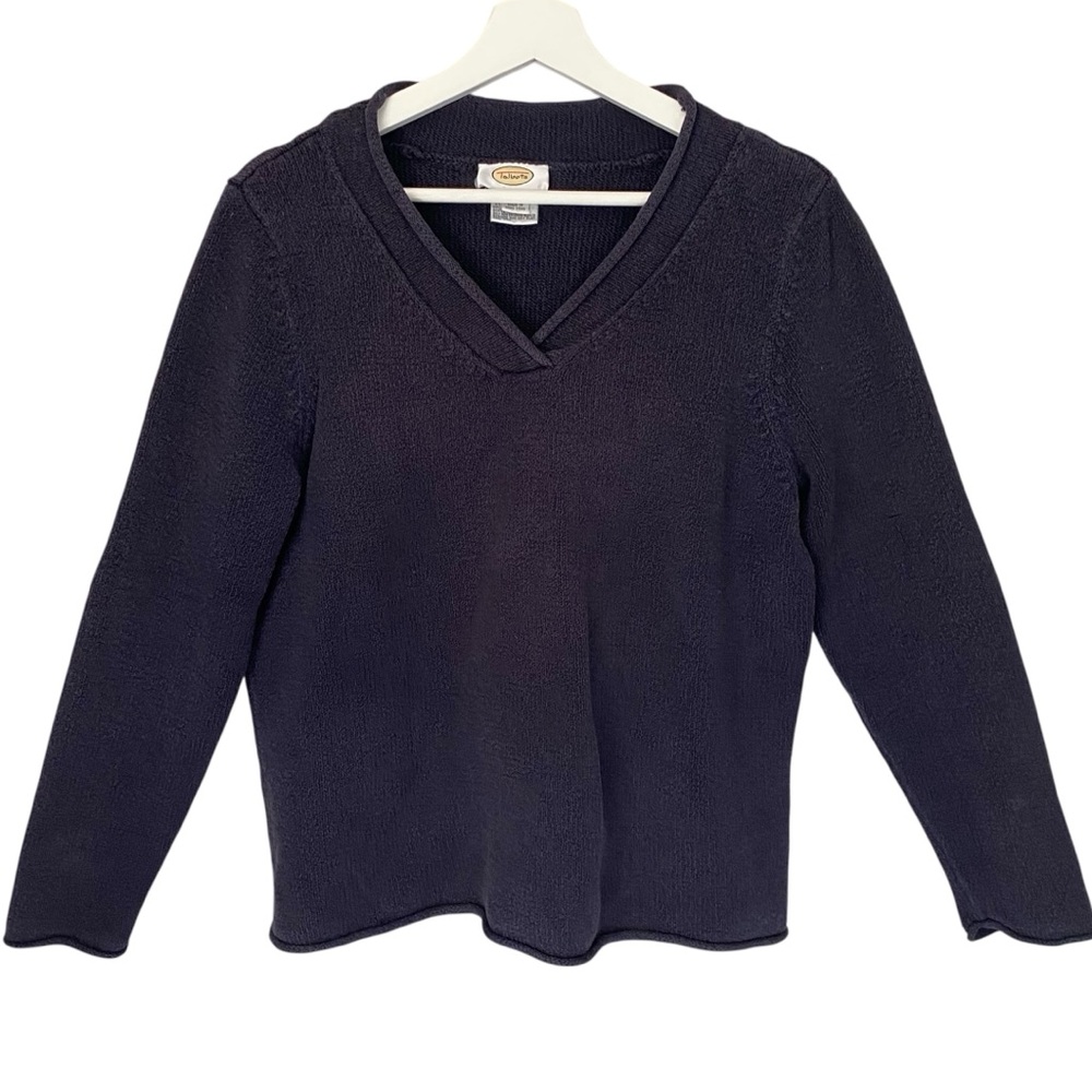 TALBOTS Sweater V Neck Long Sleeve Rolled Hems Navy Blue Women Size XL